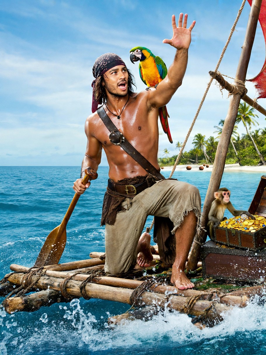 Pirate on Turquoise Raft with Parrot and Monkey — AI generated image