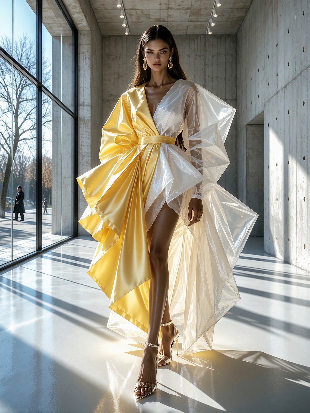 Tall Model Wearing Canary Yellow Architectural Dress — AI generated image