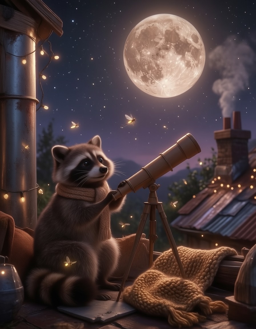 Raccoon and the Dreamy Moonlight — AI generated image