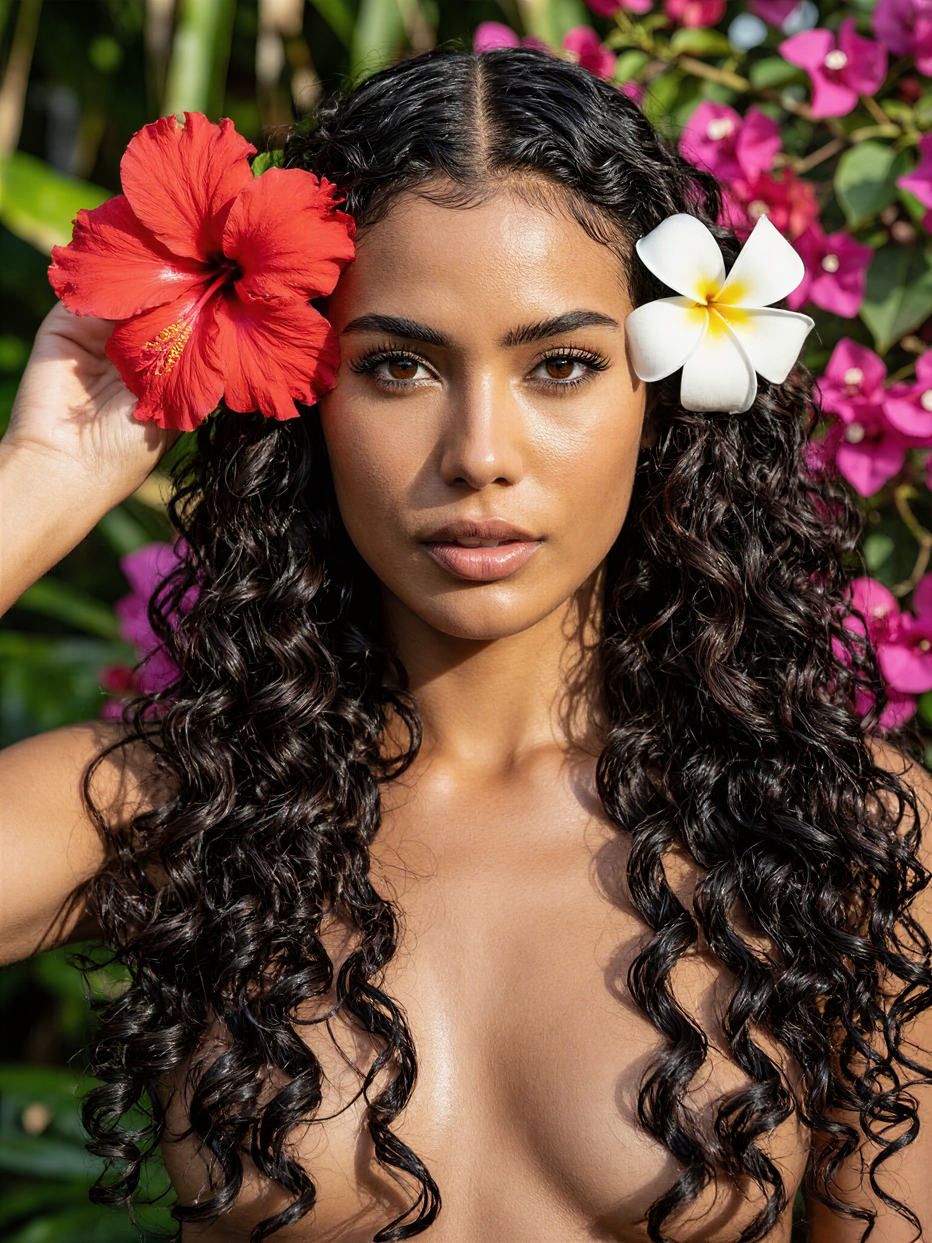 Elegant Woman with Hibiscus and Frangipani — AI generated image