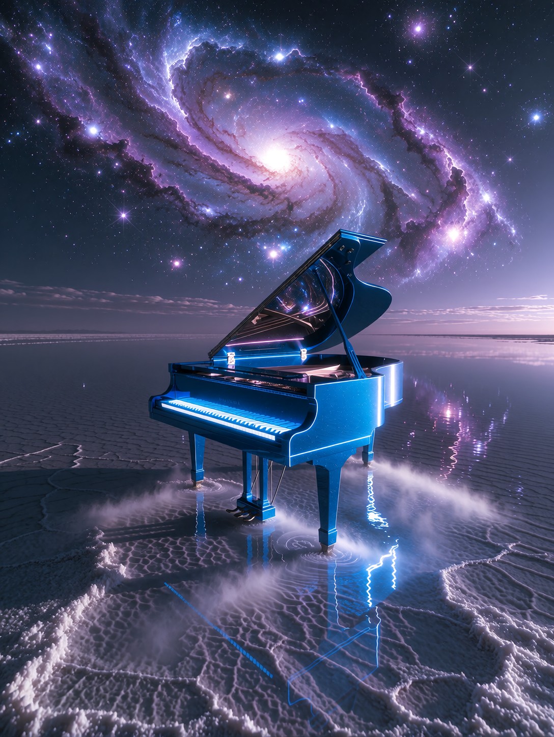 Infinite Mirror Landscape With Glowing Blue Piano — AI generated image