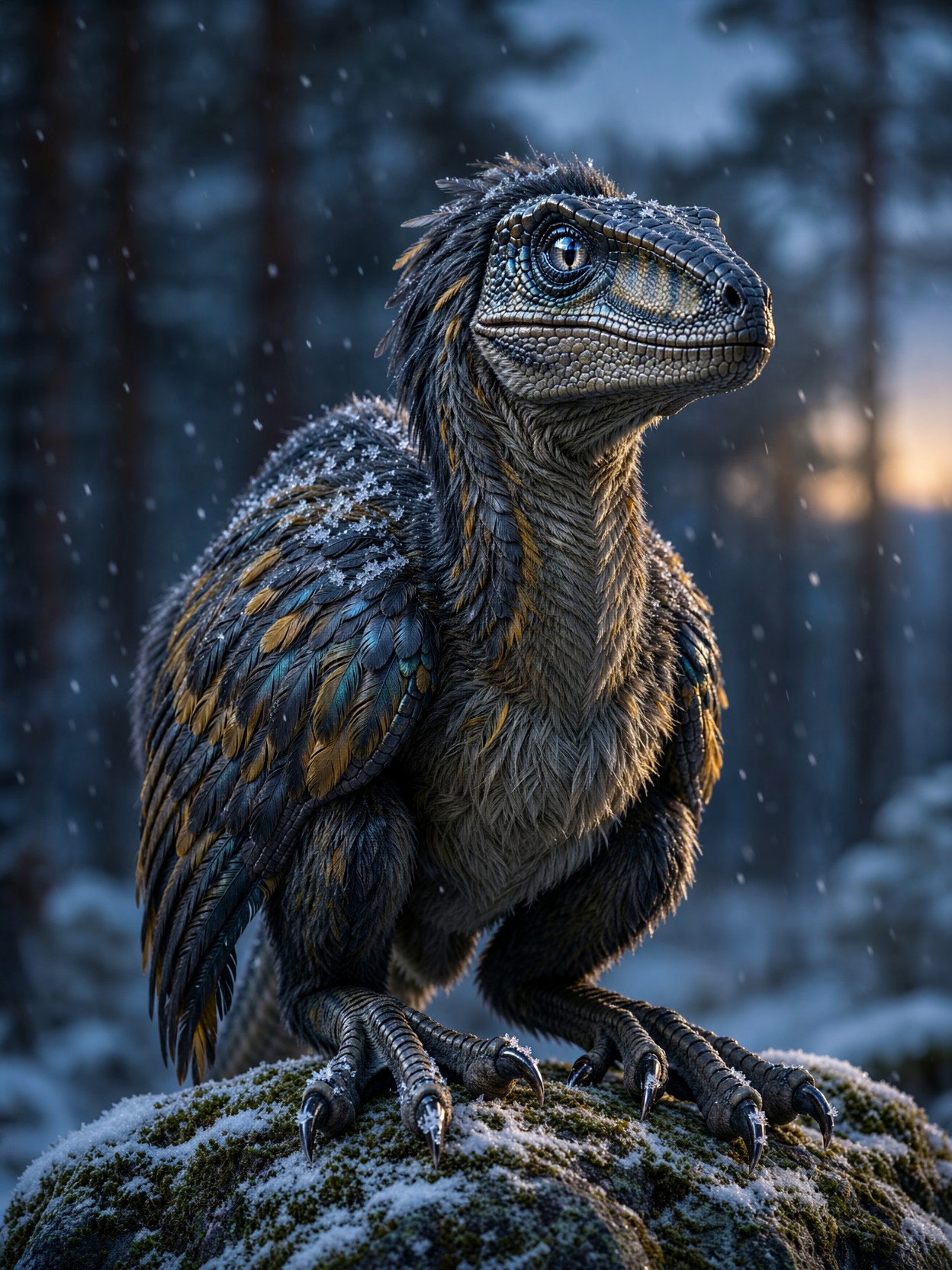 Feathered Velociraptor In Snowy Twilight — AI generated image