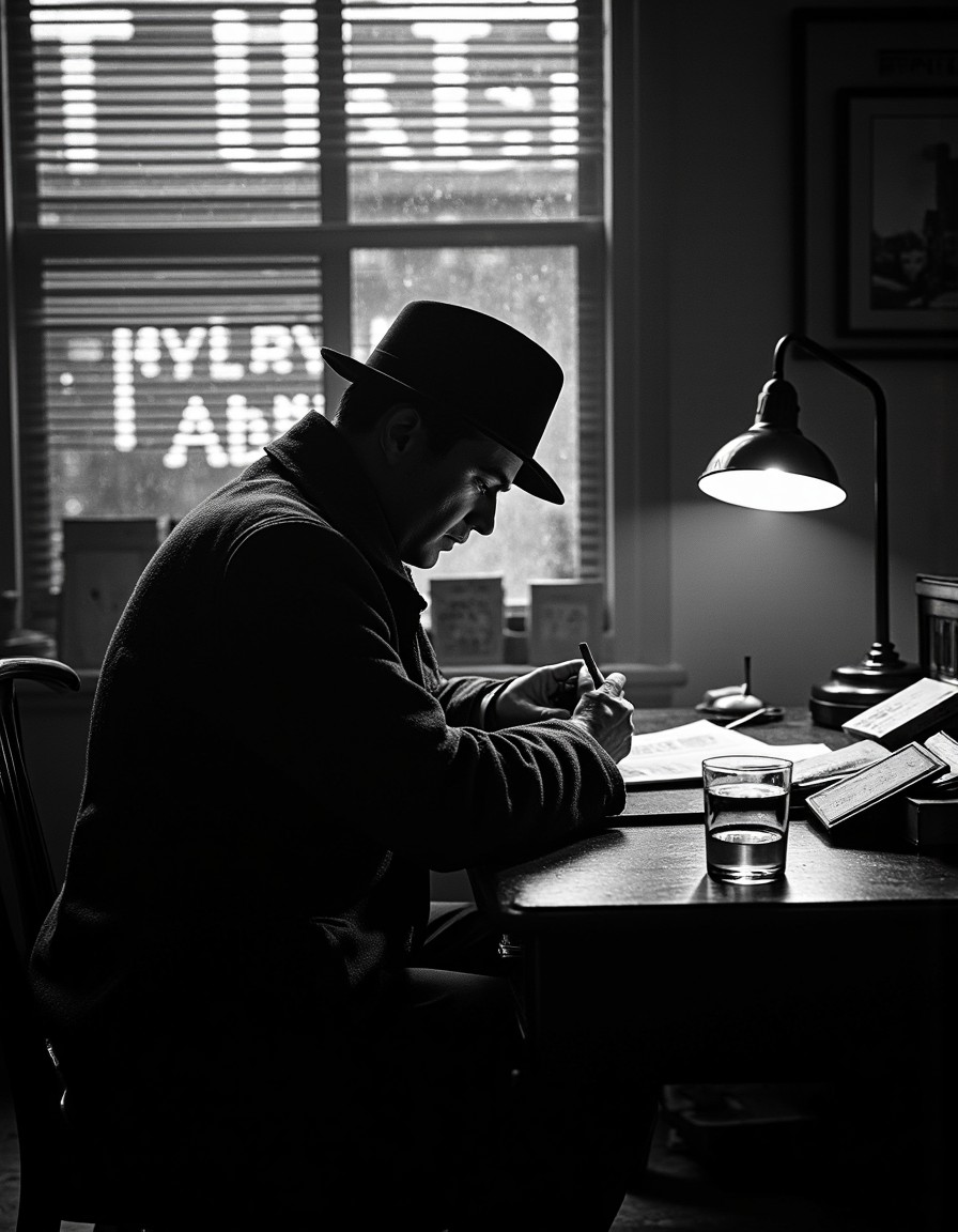 Lonely Detective in Rain-Drenched Office — AI generated image
