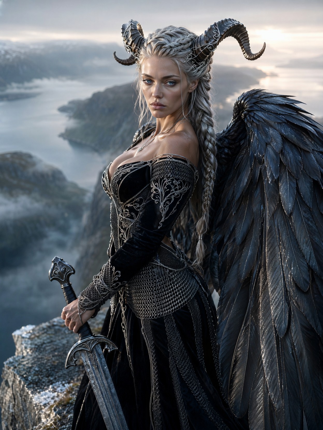 Melancholic Valkyrie On Misty Cliff — AI generated image