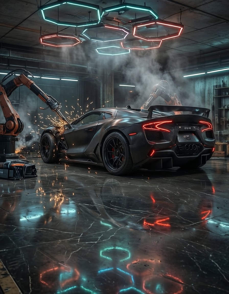 Glowing Supercar in High-Tech Garage — AI generated image