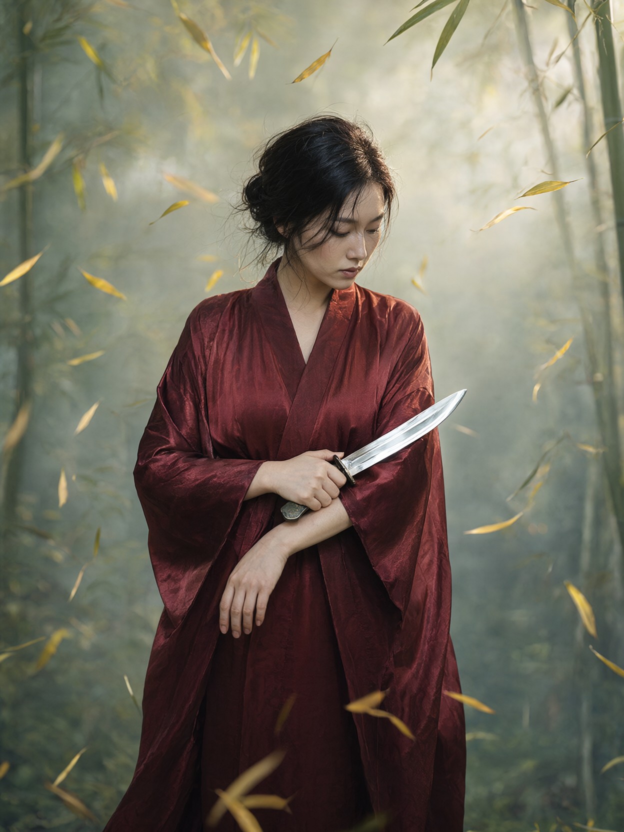 Crimson Silk Kimono in Misty Bamboo — AI generated image