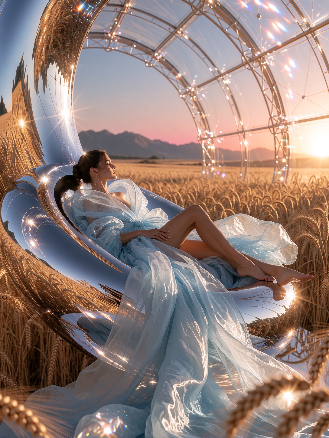 Sunset Portrait on Floating Chrome Ring — AI generated image