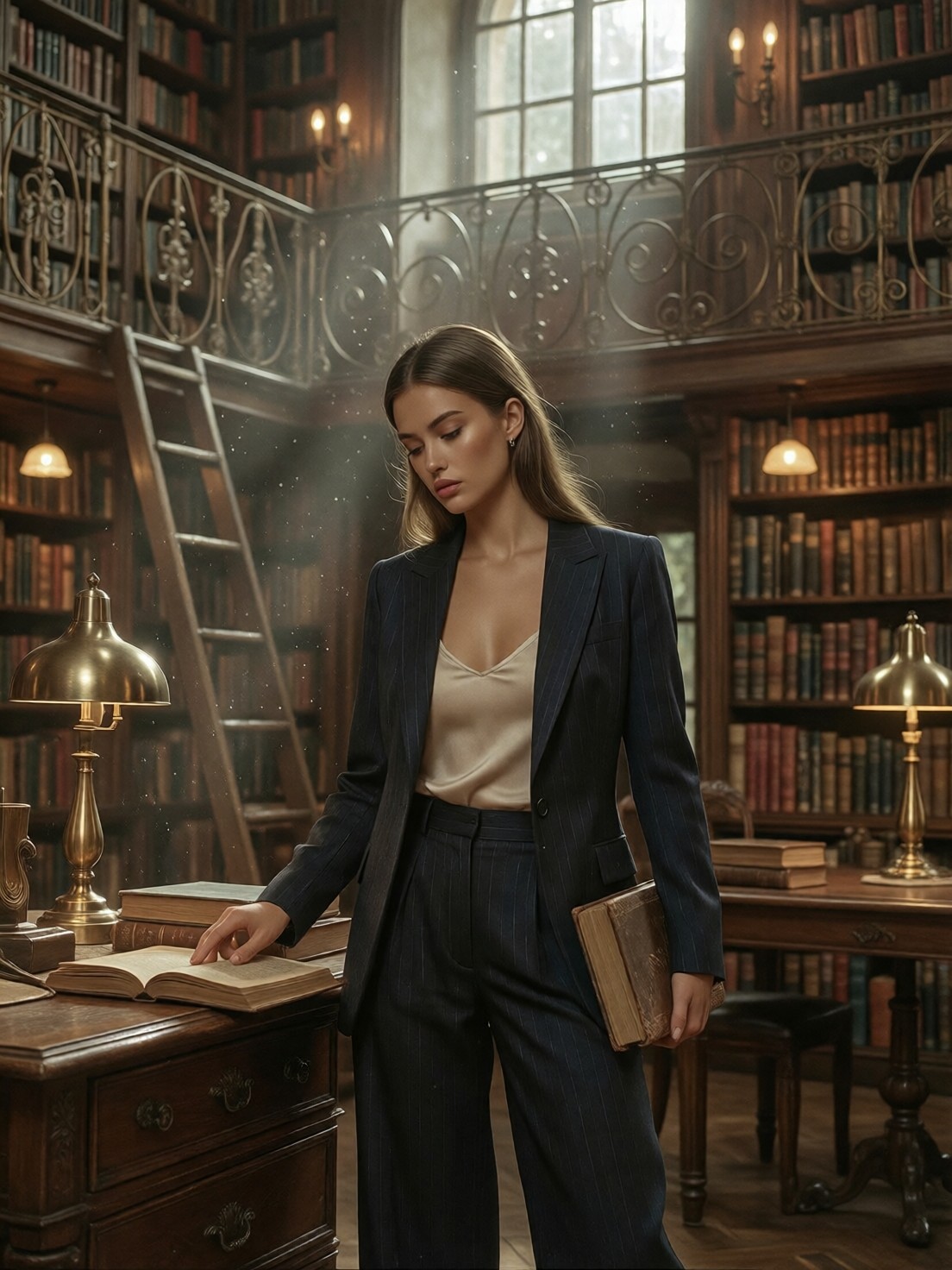 Timeless Scholar in Grand Library — AI generated image