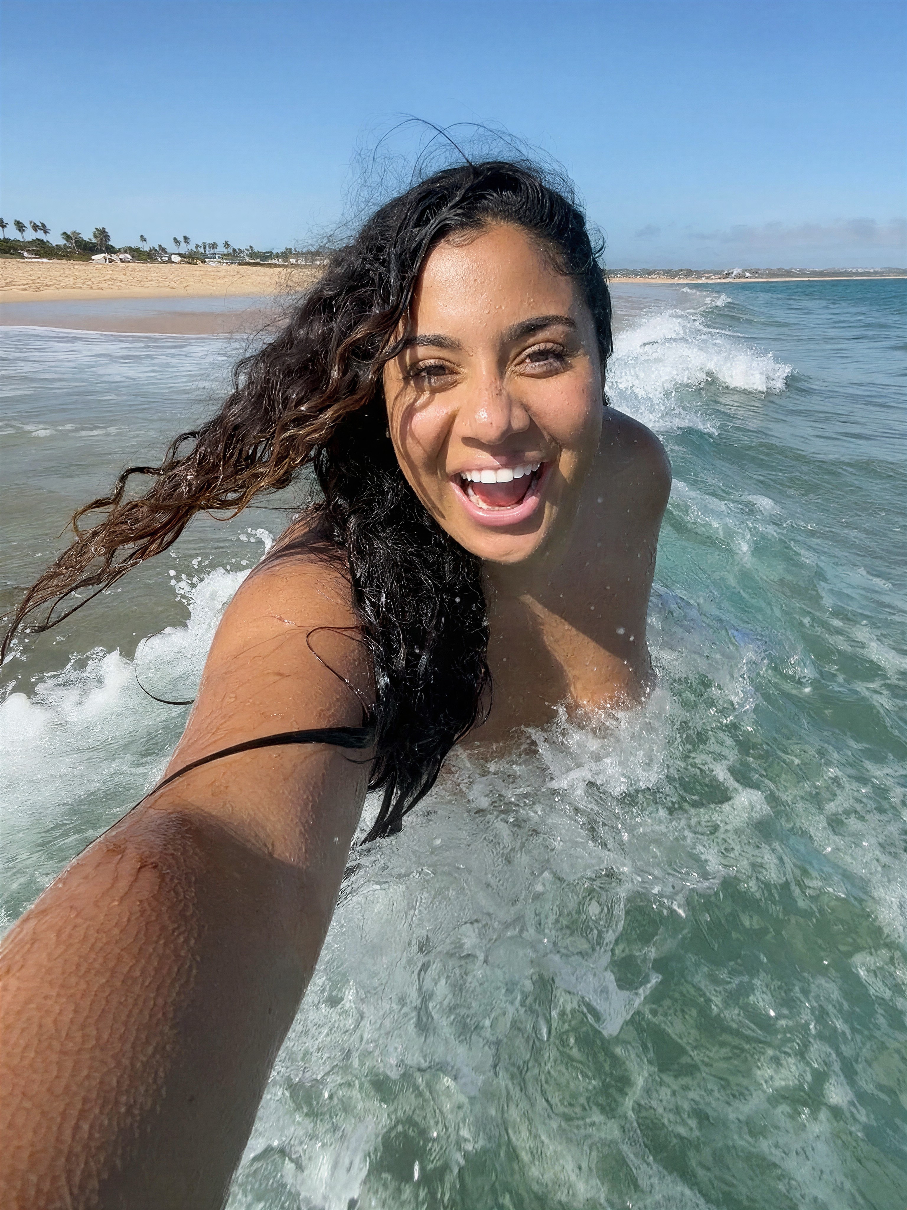 Ocean Selfie with Flowing Hair and Wave — AI generated image