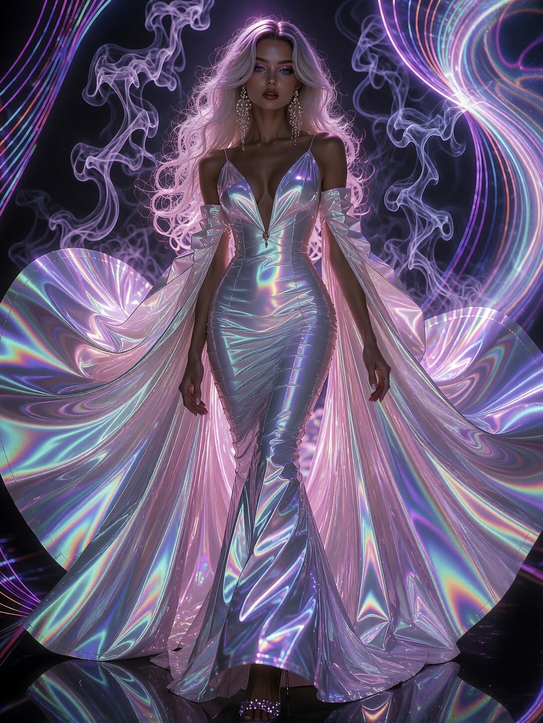 Elegant Woman In Holographic Fashion Gown — AI generated image