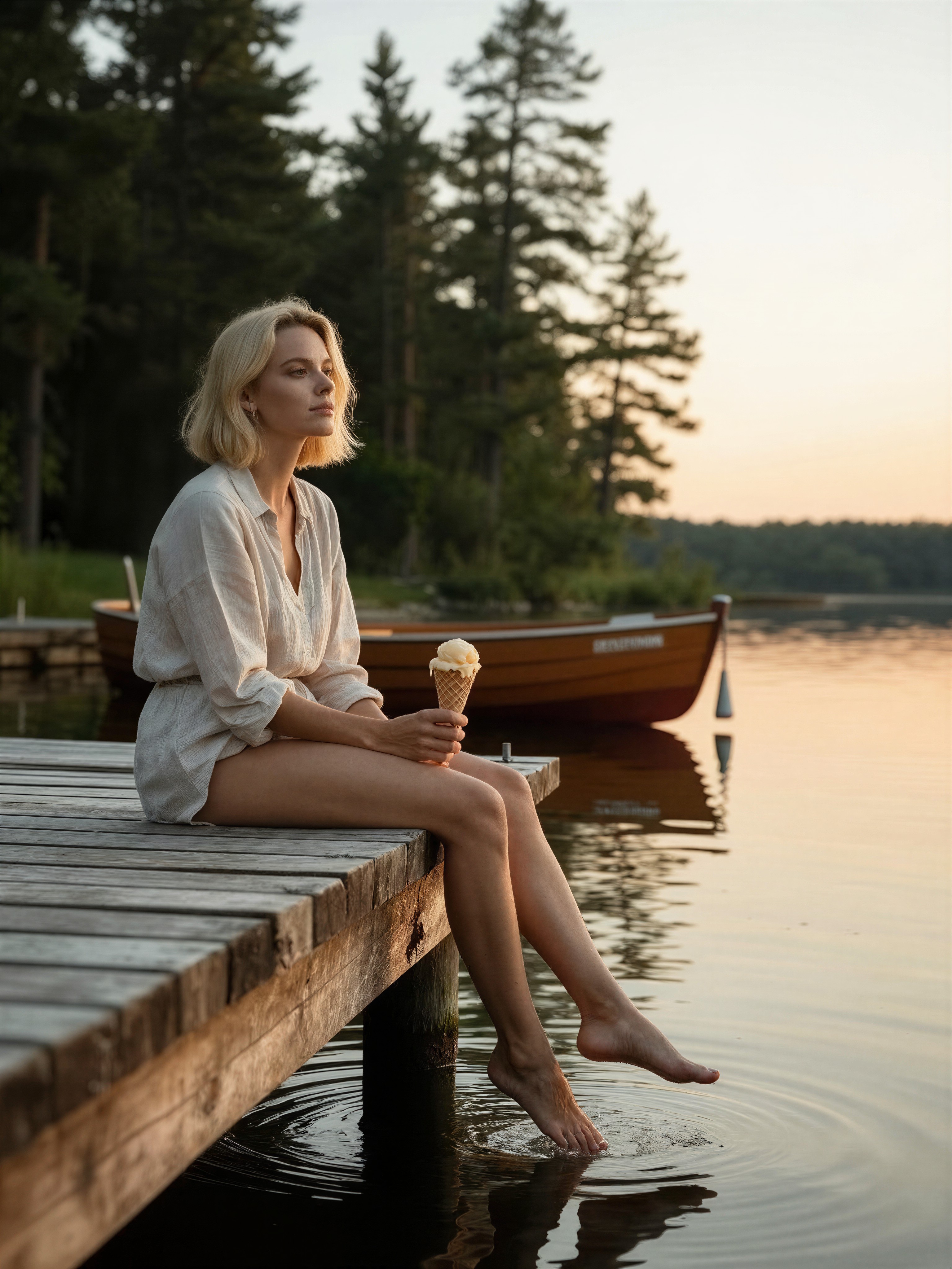 Blonde Woman with Melting Ice Cream at Sunset — AI generated image