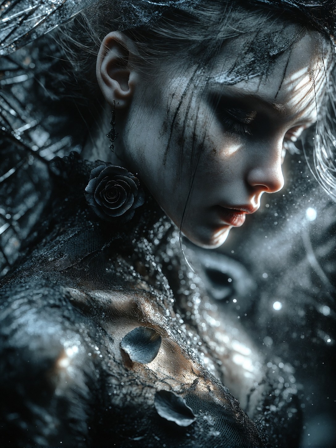 Ethereal Gothic Lady With Frozen Black Roses — AI generated image