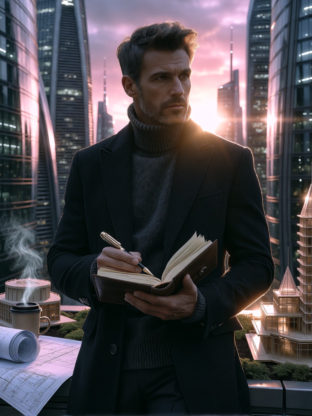 Futuristic Architect On Rooftop At Dawn — AI generated image