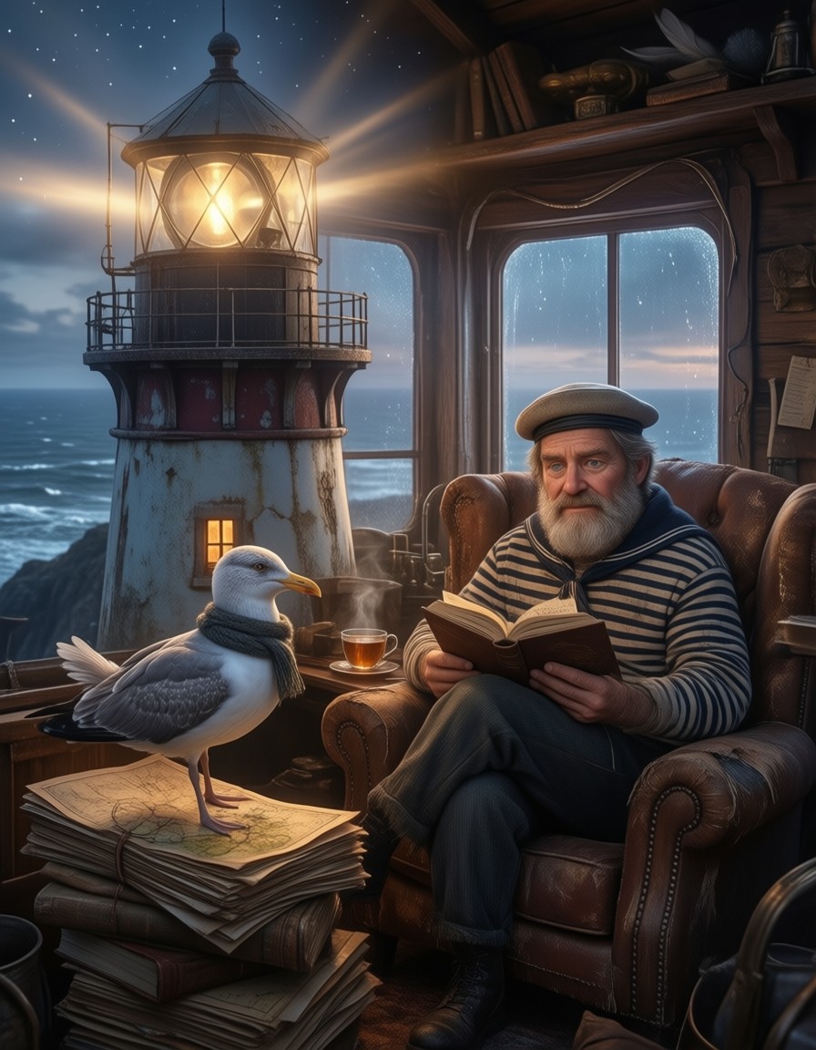 Sailor and Seagull in Cozy Lighthouse — AI generated image