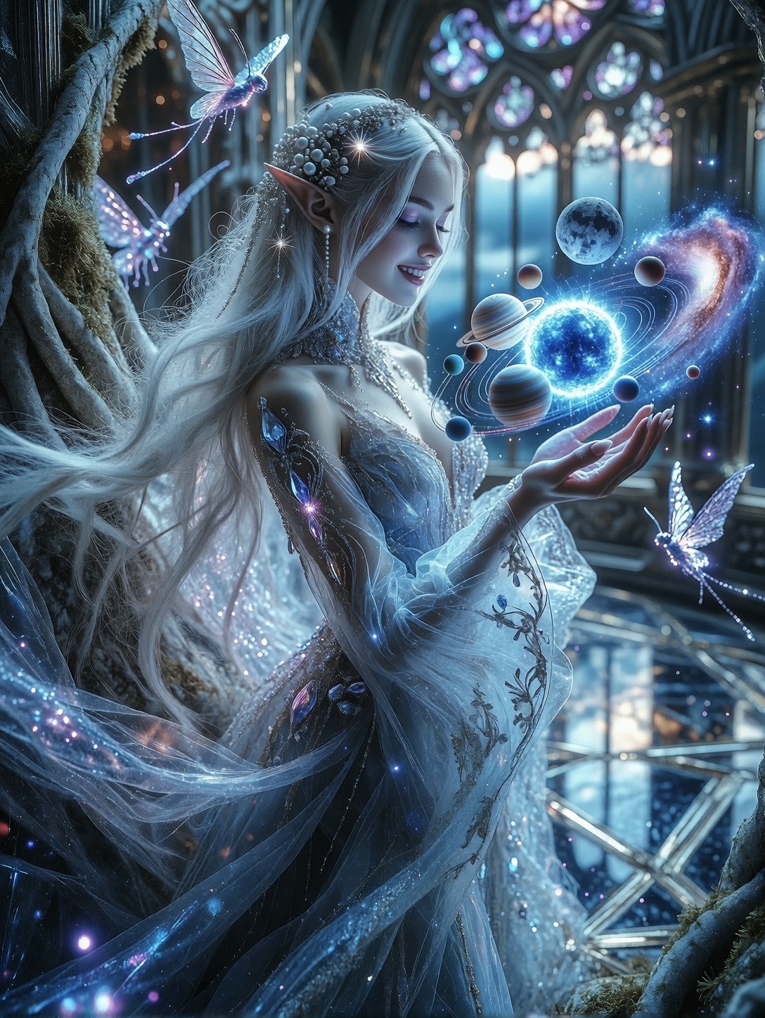 Ethereal Elven Maiden Holding Miniature Solar System — AI generated image