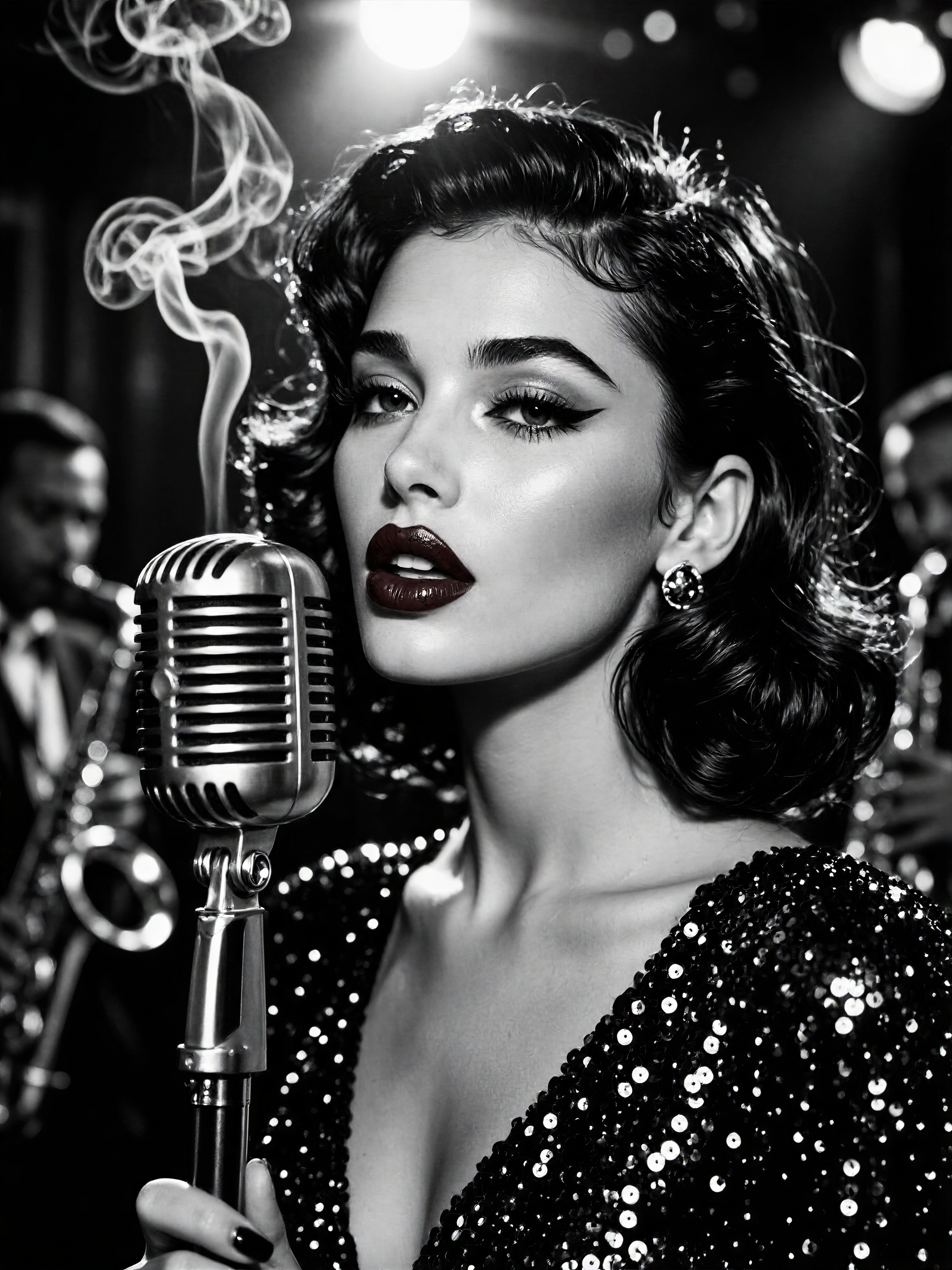 Soulful Monochrome Singer in Noir Jazz Club — AI generated image