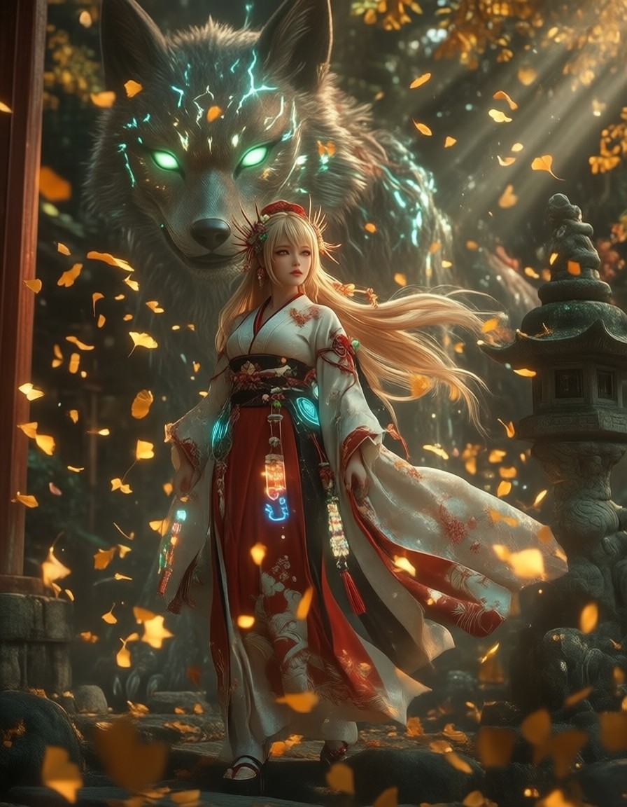 Futuristic Miko Priestess at Shrine — AI generated image