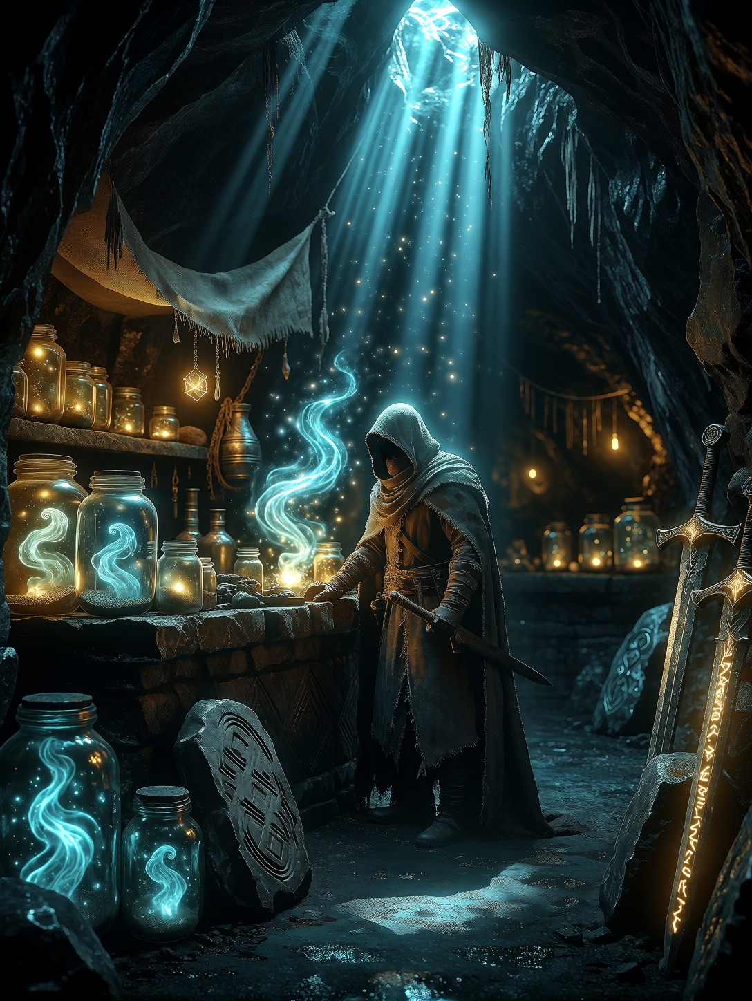 Cloaked Merchant In Underground Market — AI generated image