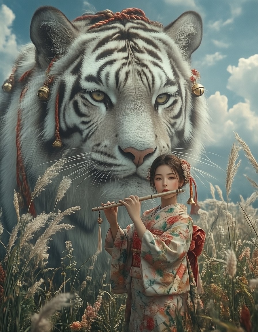 Young Girl and Gentle Tiger in Floral Meadow — AI generated image