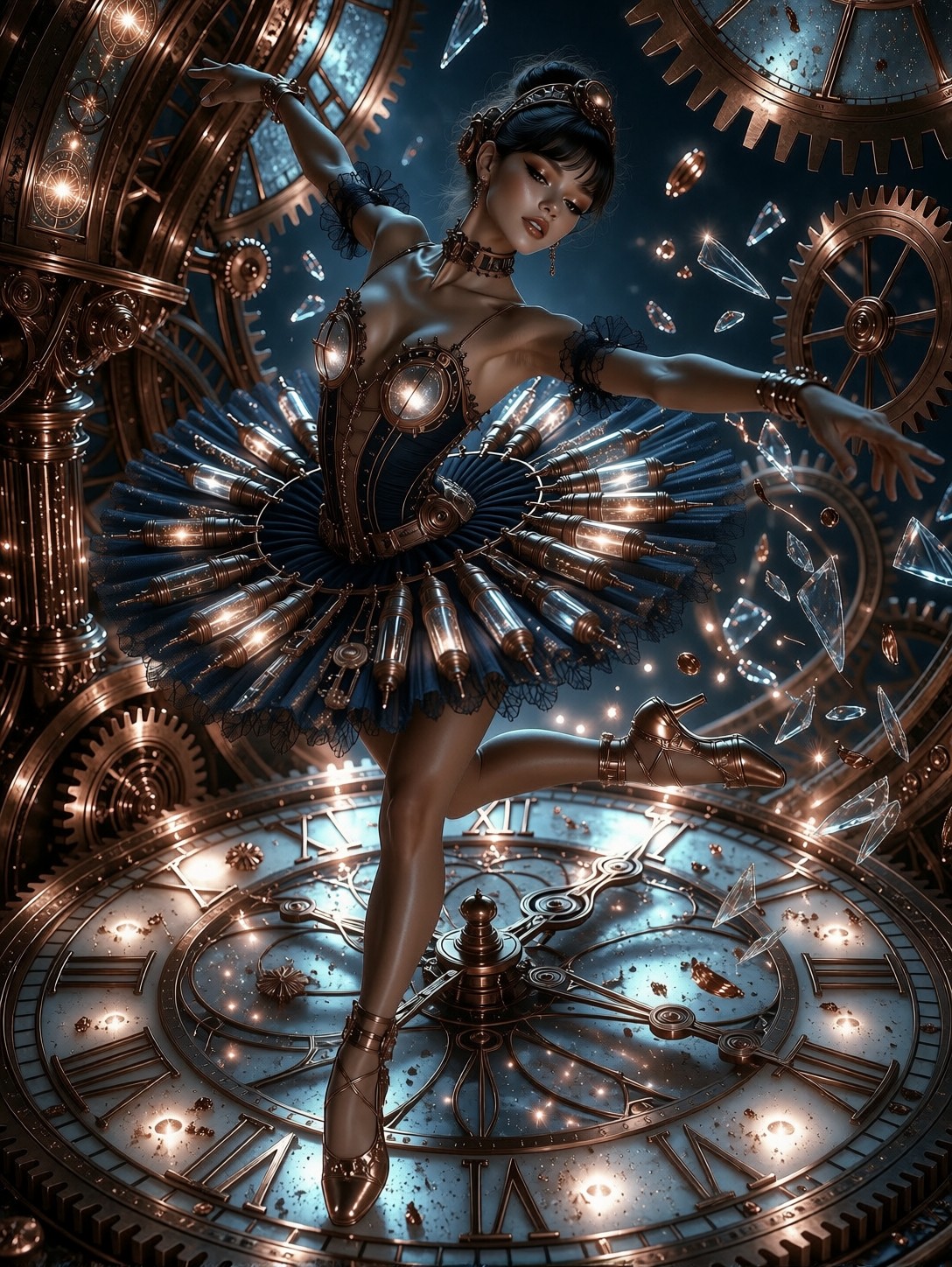 Steampunk Dancer In Giant Clock Tower — AI generated image