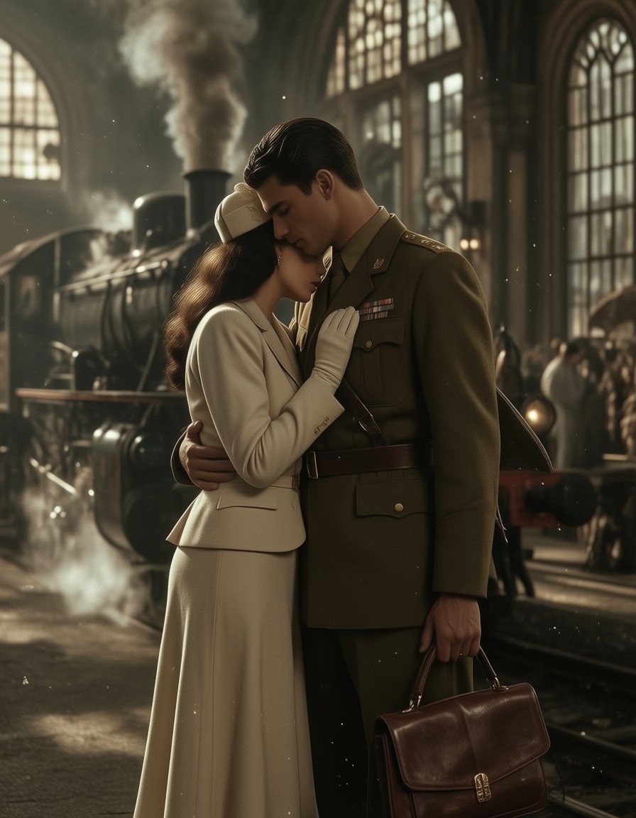 Wartime Embrace at Grand Station — AI generated image