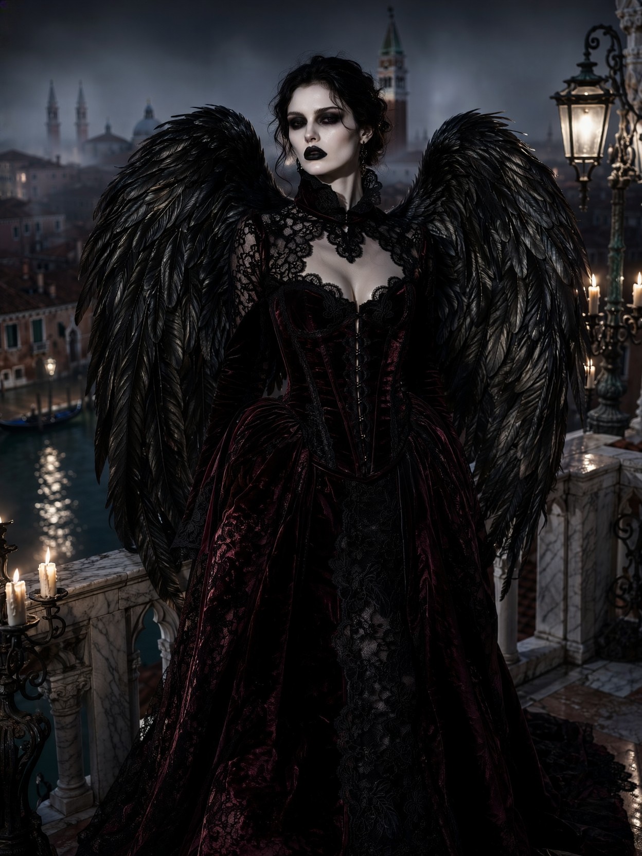 Dark Angel Over Venetian Rooftops — AI generated image