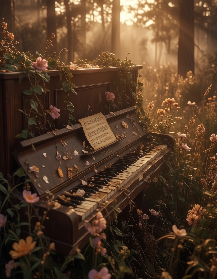 Neglected Piano in Sunlit Field — AI generated image