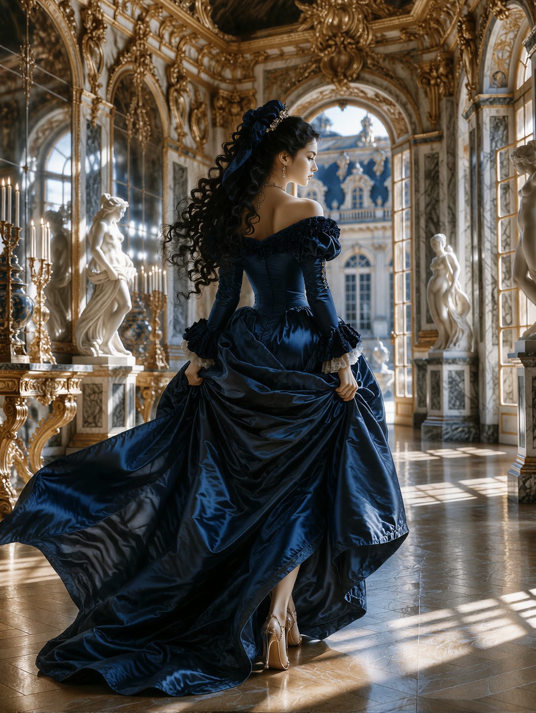 Aristocrat in Gilded Mirror Gallery — AI generated image