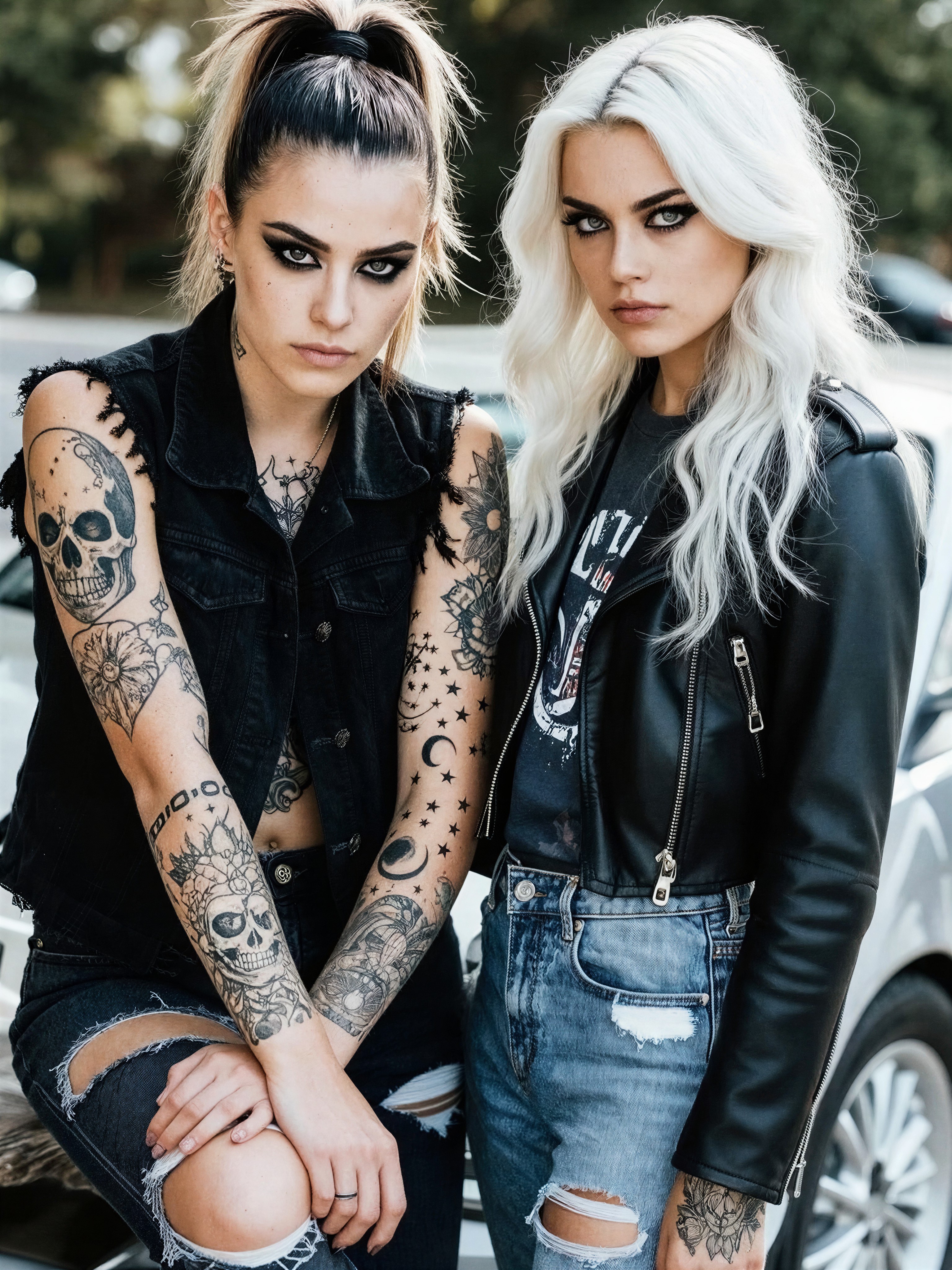 Two Rebellious Women in Tattooed Denim — AI generated image