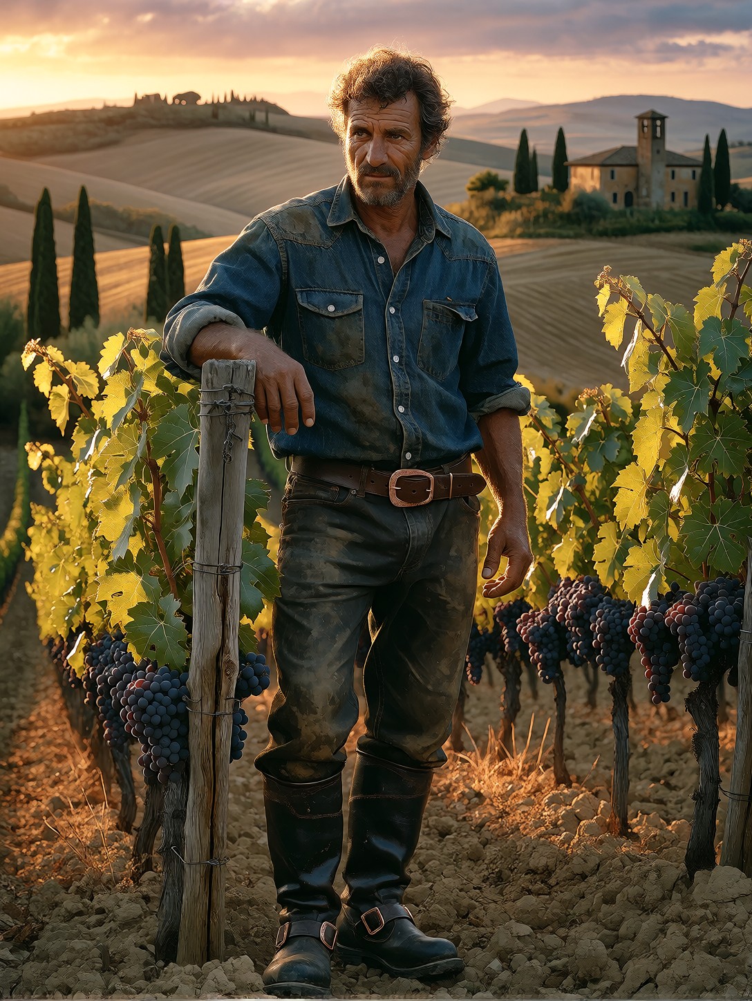Tuscan Vineyard Farmer At Golden Hour — AI generated image