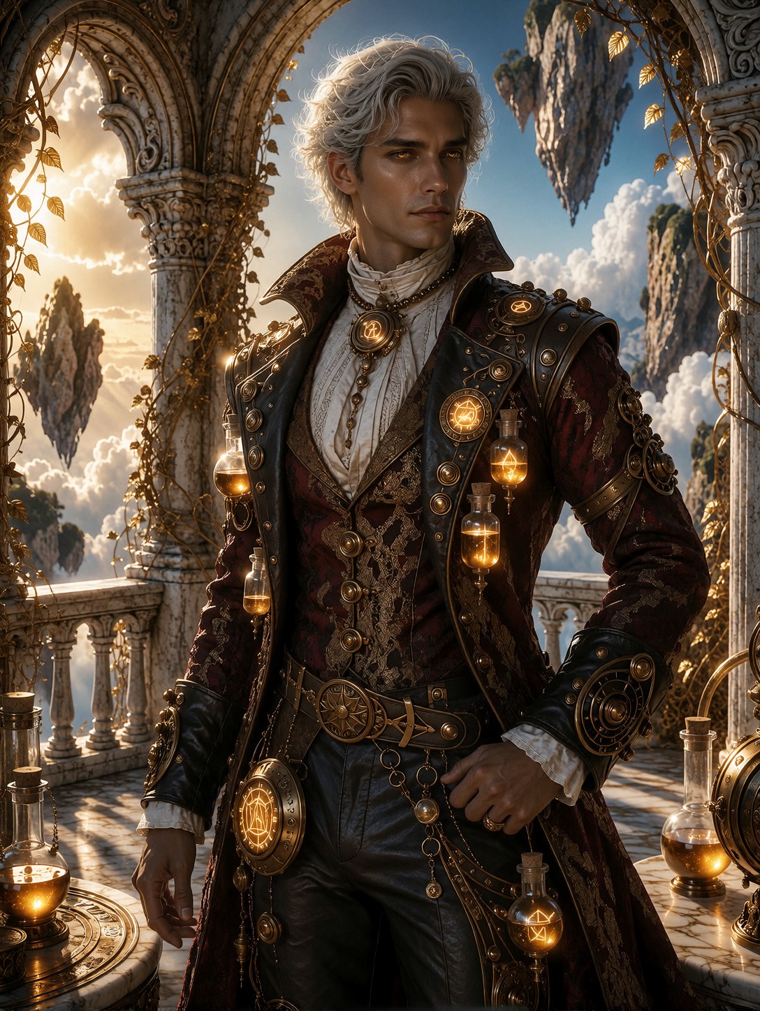 Elegant Steampunk Alchemist On Terrace — AI generated image