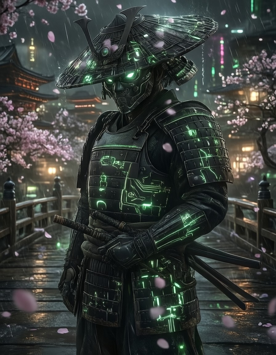Cyber Samurai on Neo-Kyoto Bridge — AI generated image