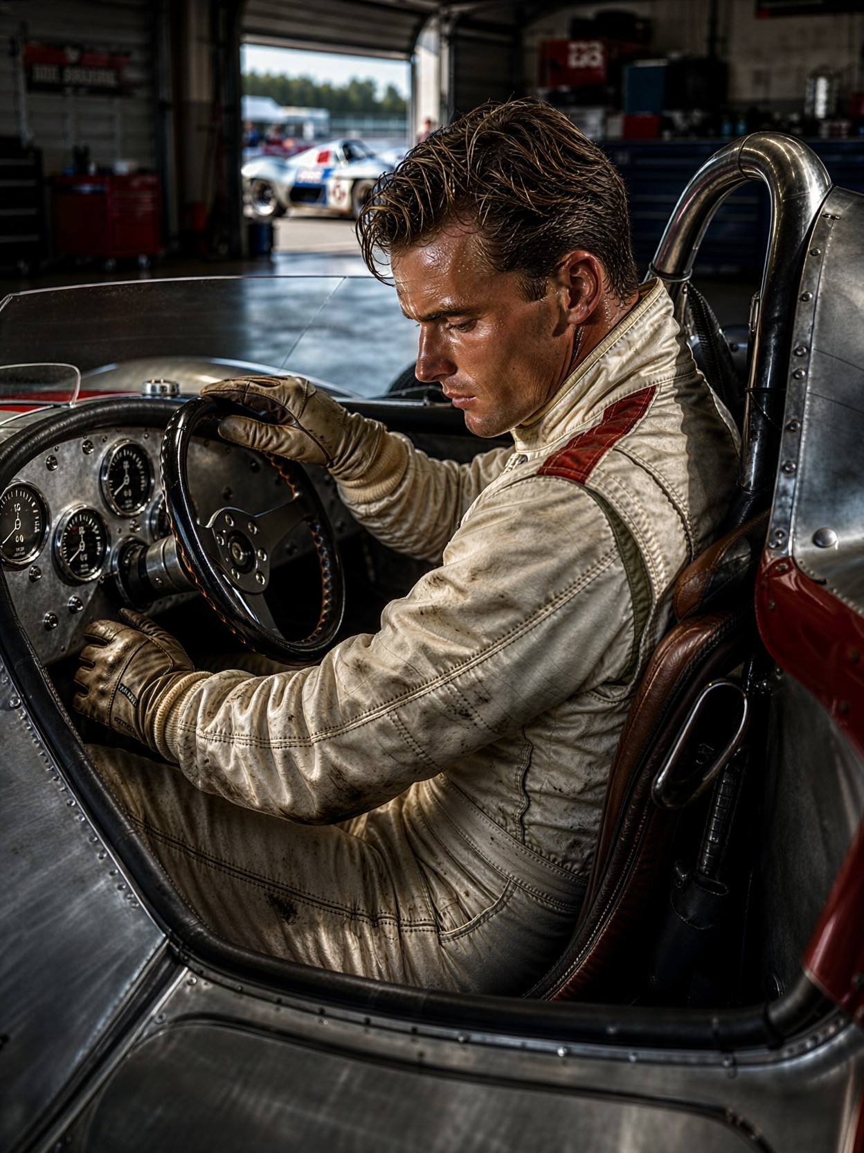 Vintage Driver Inspecting Cockpit Gauges — AI generated image