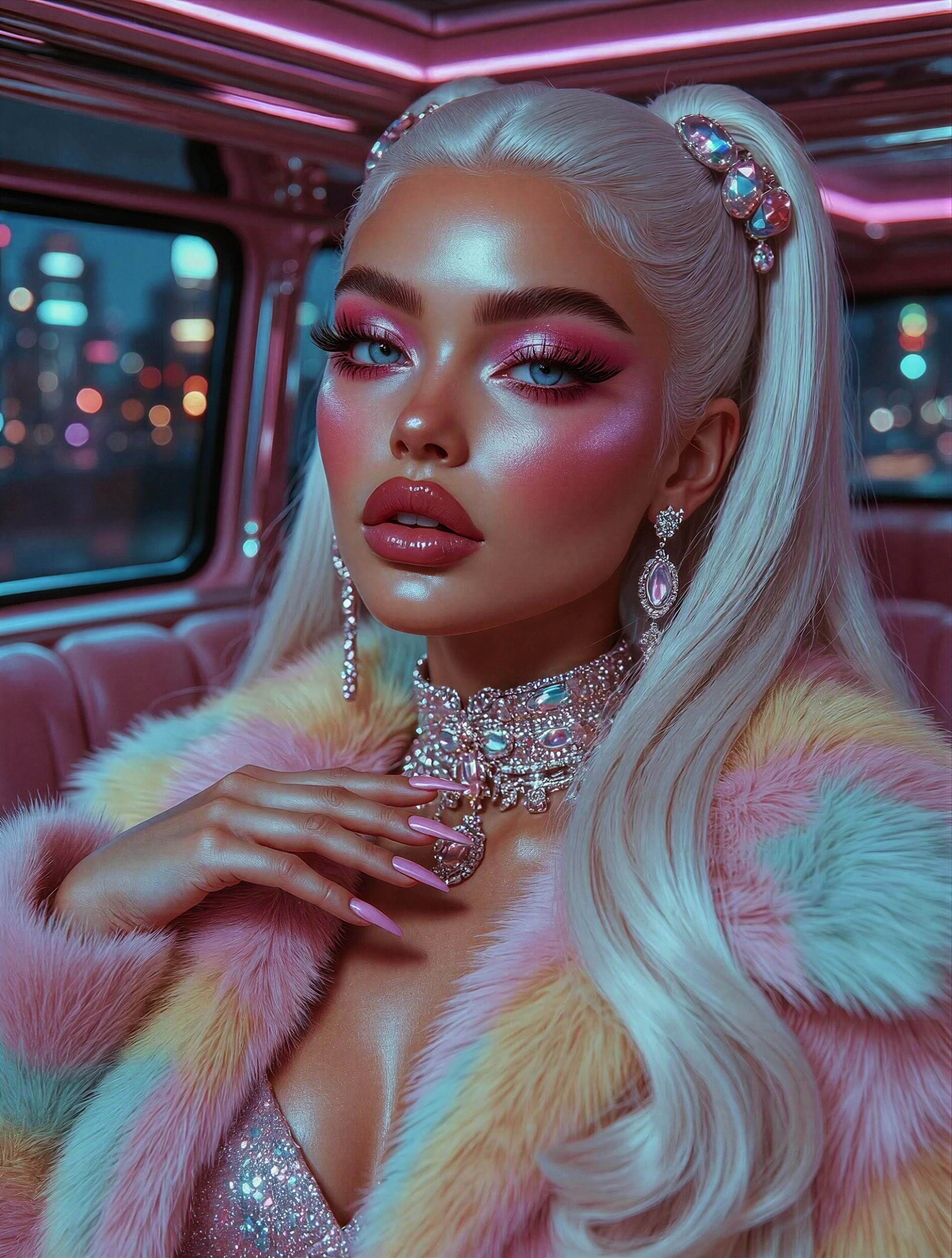 Glamorous Platinum Blonde in Neon-Lit Limousine — AI generated image