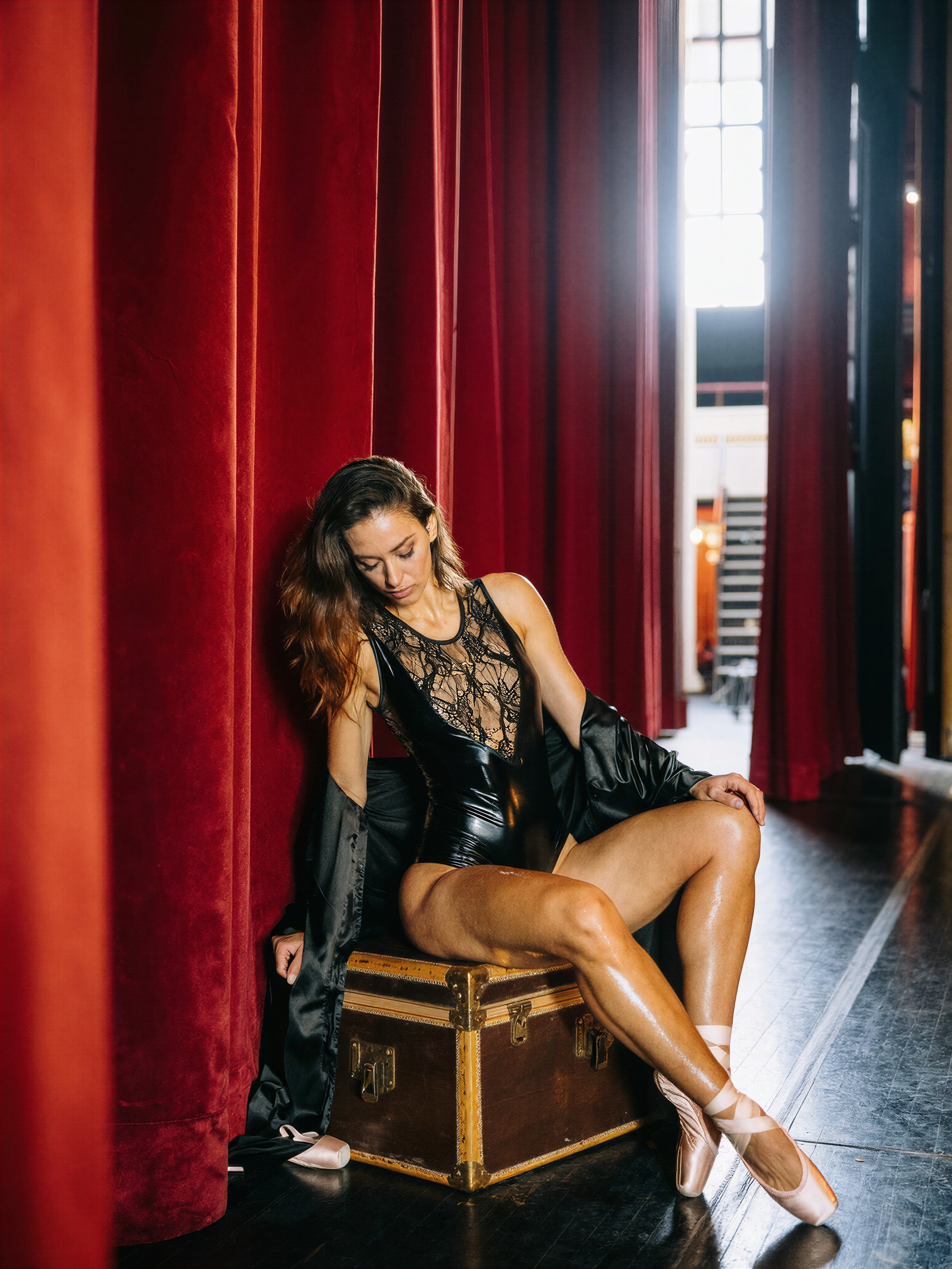 Ballerina in Velvet Curtain Glow — AI generated image