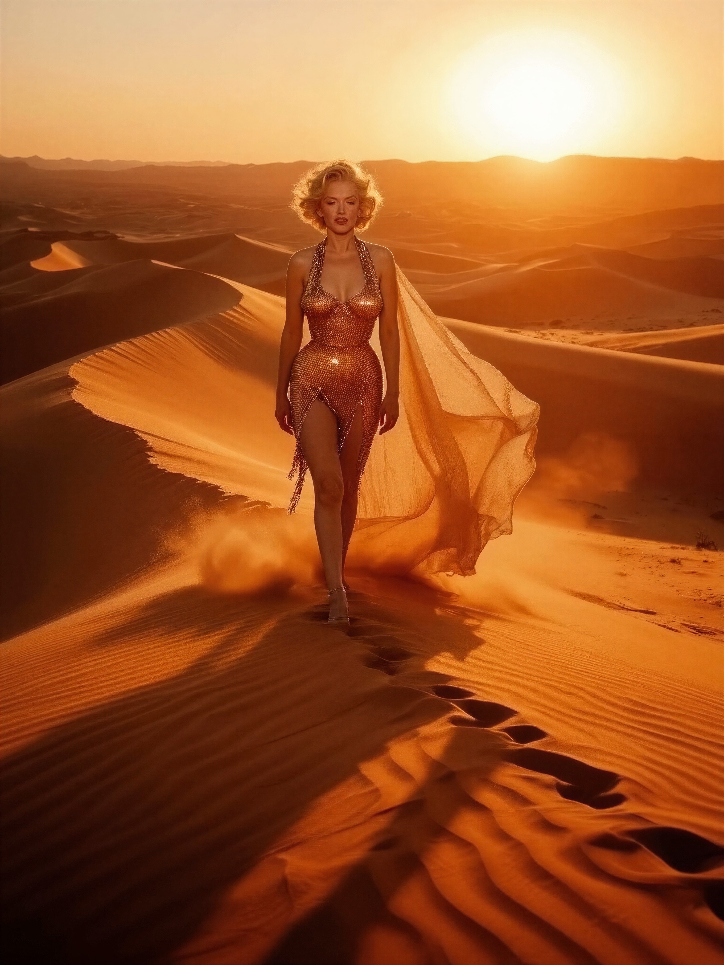 Marilyn Monroe in Desert Sunset Chainmail Bodysuit — AI generated image