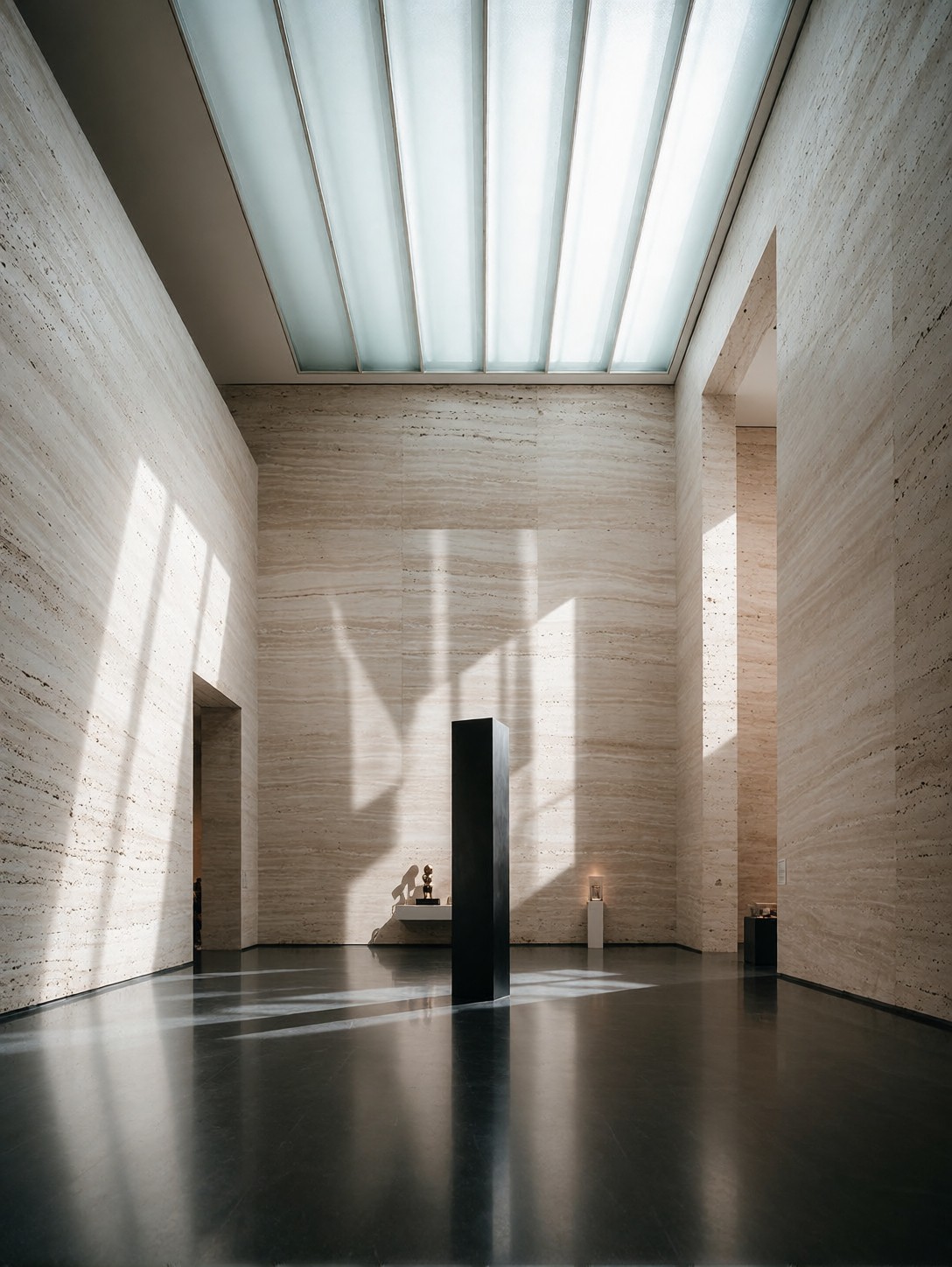 Minimalist Marble Museum Gallery Featuring A Monolith — AI generated image