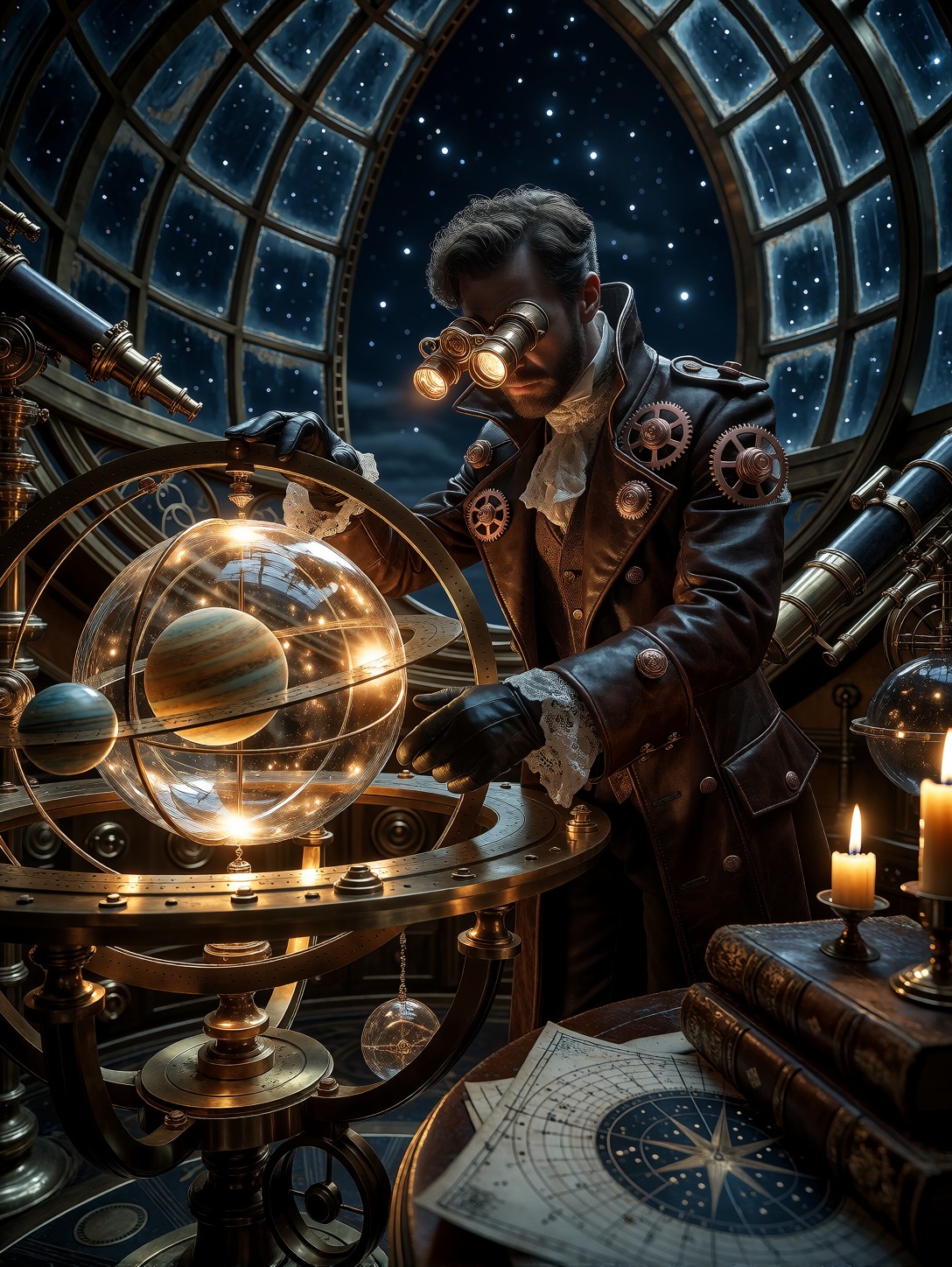 Steampunk Astronomer In Brass Observatory — AI generated image