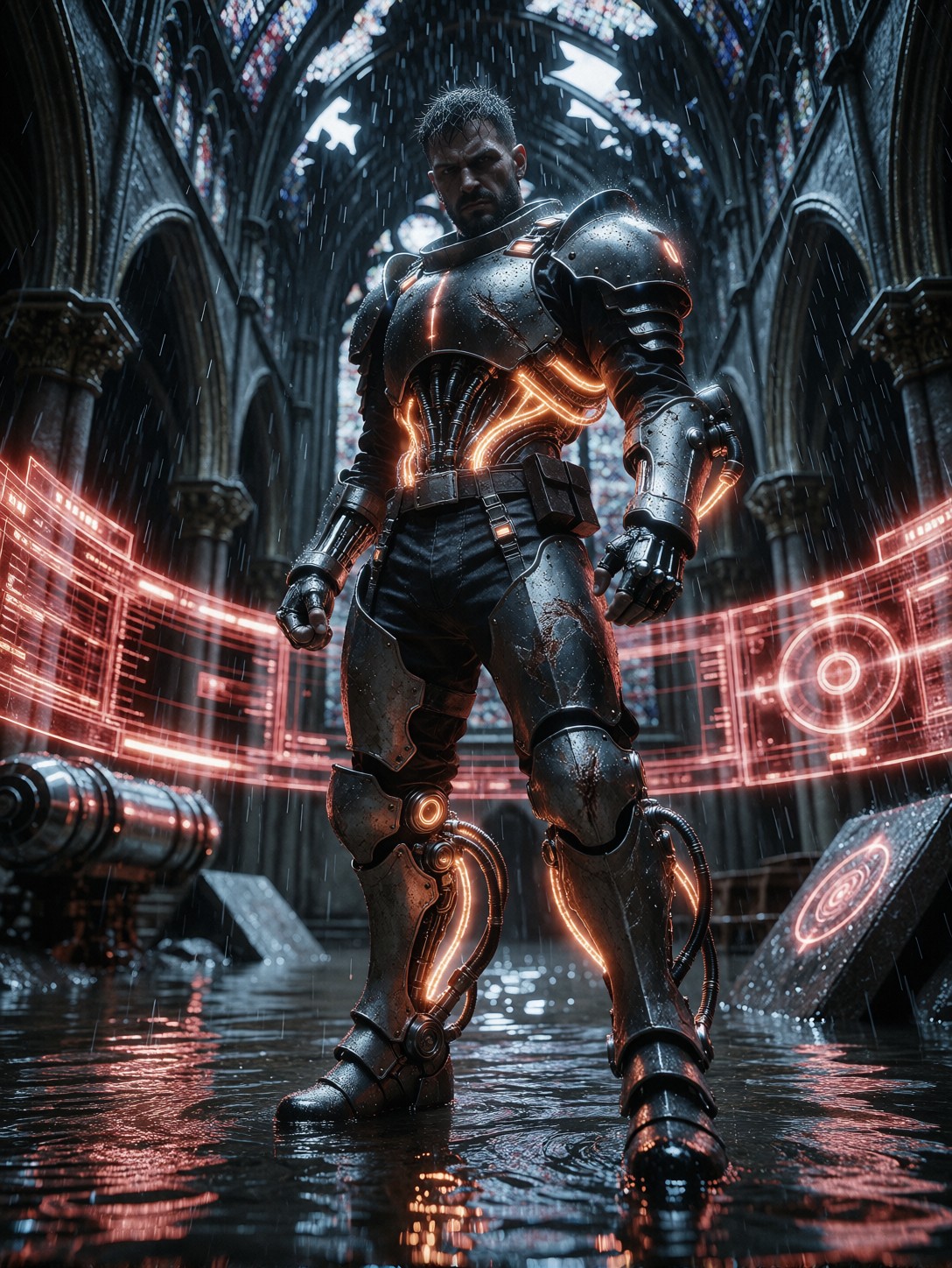 Cybernetic Warrior In Flooded Gothic Cathedral — AI generated image