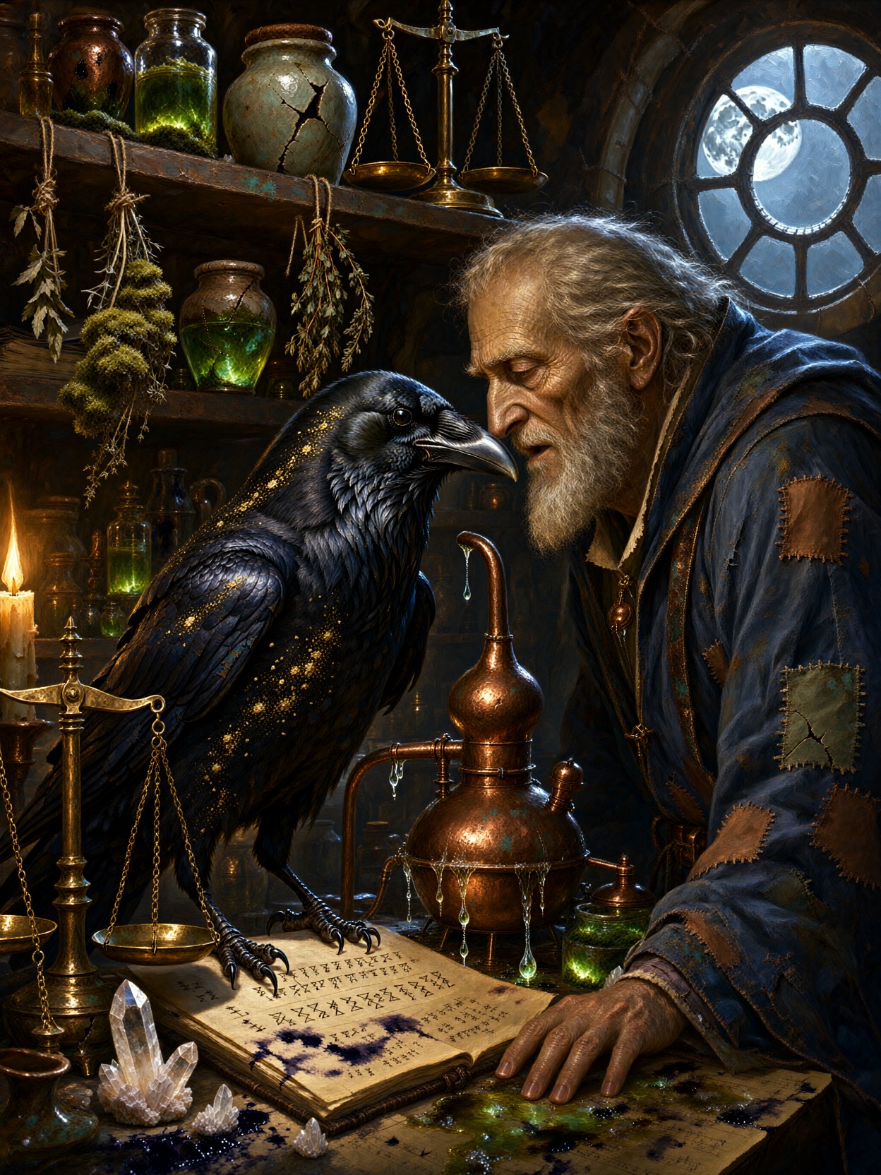Alchemist Trading Secrets With Raven — AI generated image