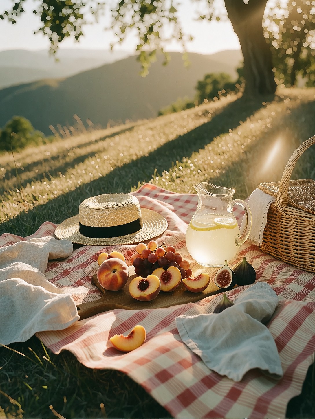 Golden Hour Picnic On Grassy Hilltop — AI generated image