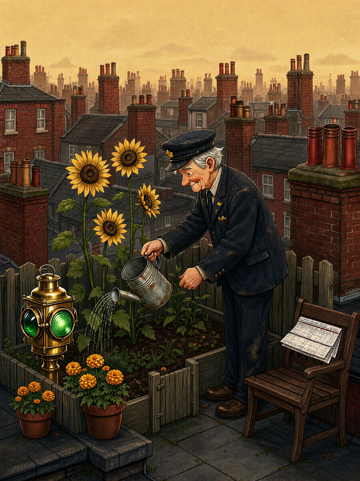 Golden Hour Train Conductor Rooftop Garden — AI generated image