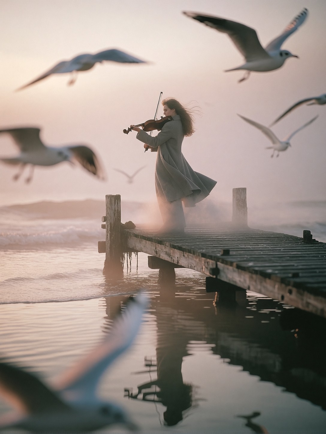Violinist On Foggy Pier At Dawn — AI generated image
