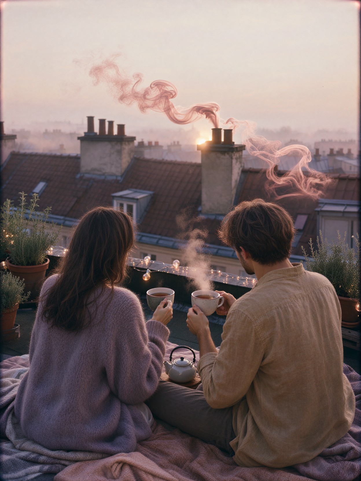 Couple Sharing Tea On Rooftop At Dusk — AI generated image