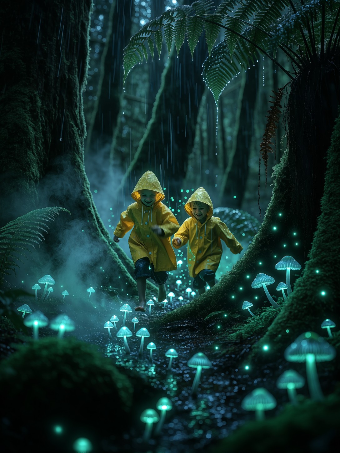 Children Chasing Glowing Forest Mushrooms — AI generated image