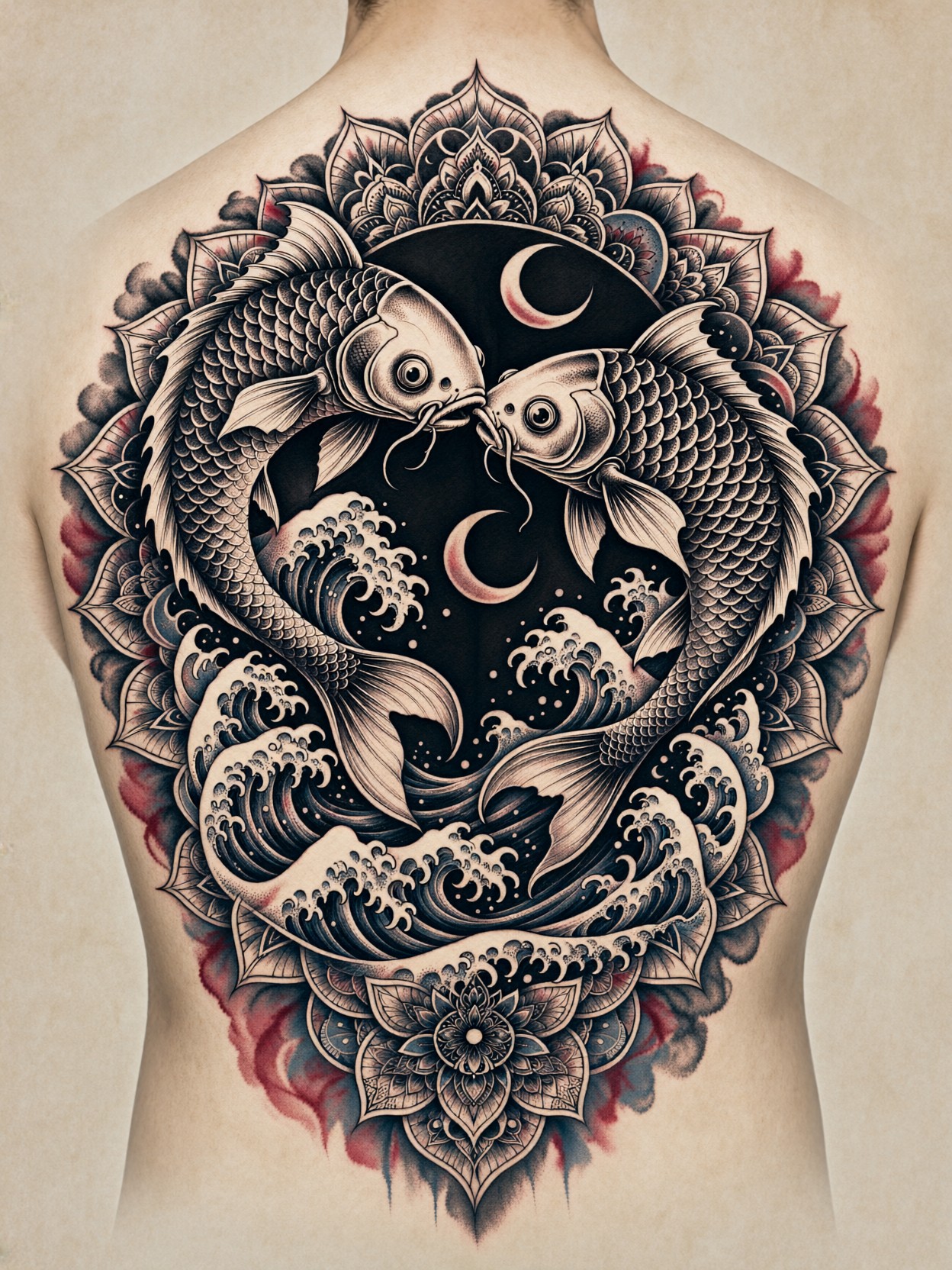 Skeletal Koi Back-Piece Tattoo Design — AI generated image