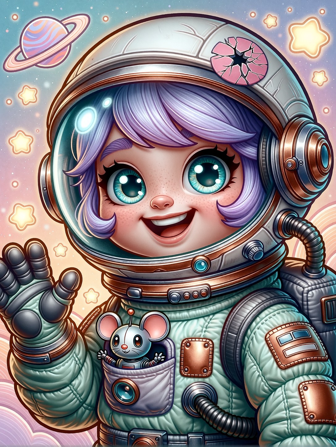 Cheerful Astronaut Girl With Robot Mouse — AI generated image