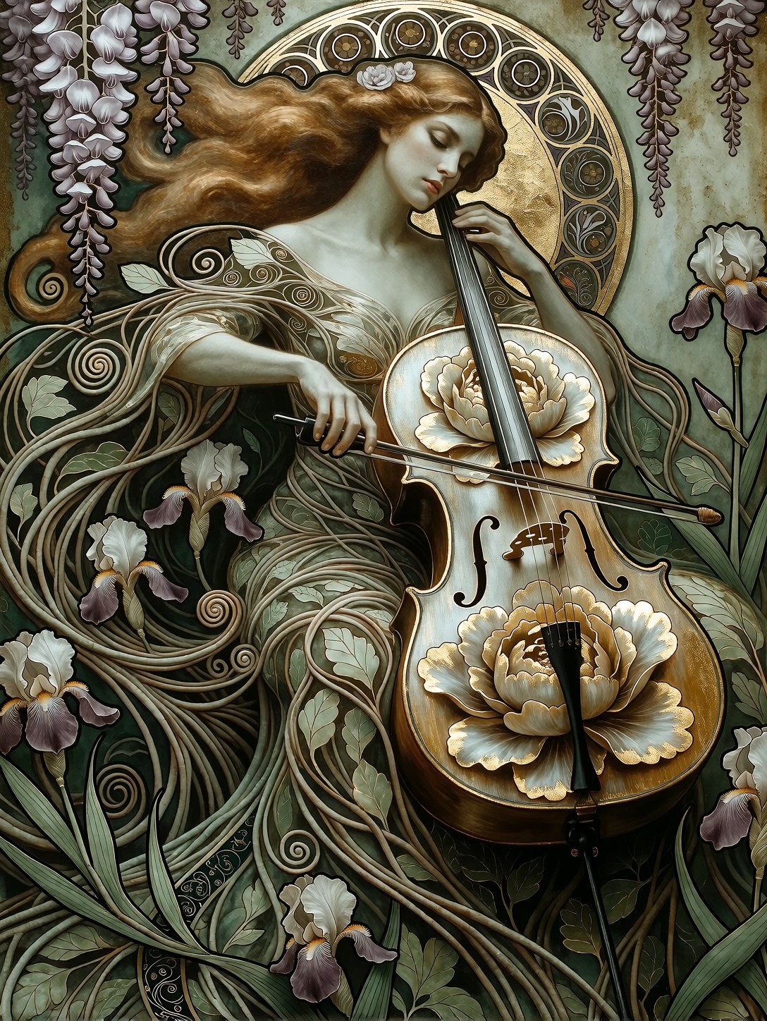 Art Nouveau Cellist With Wisteria — AI generated image