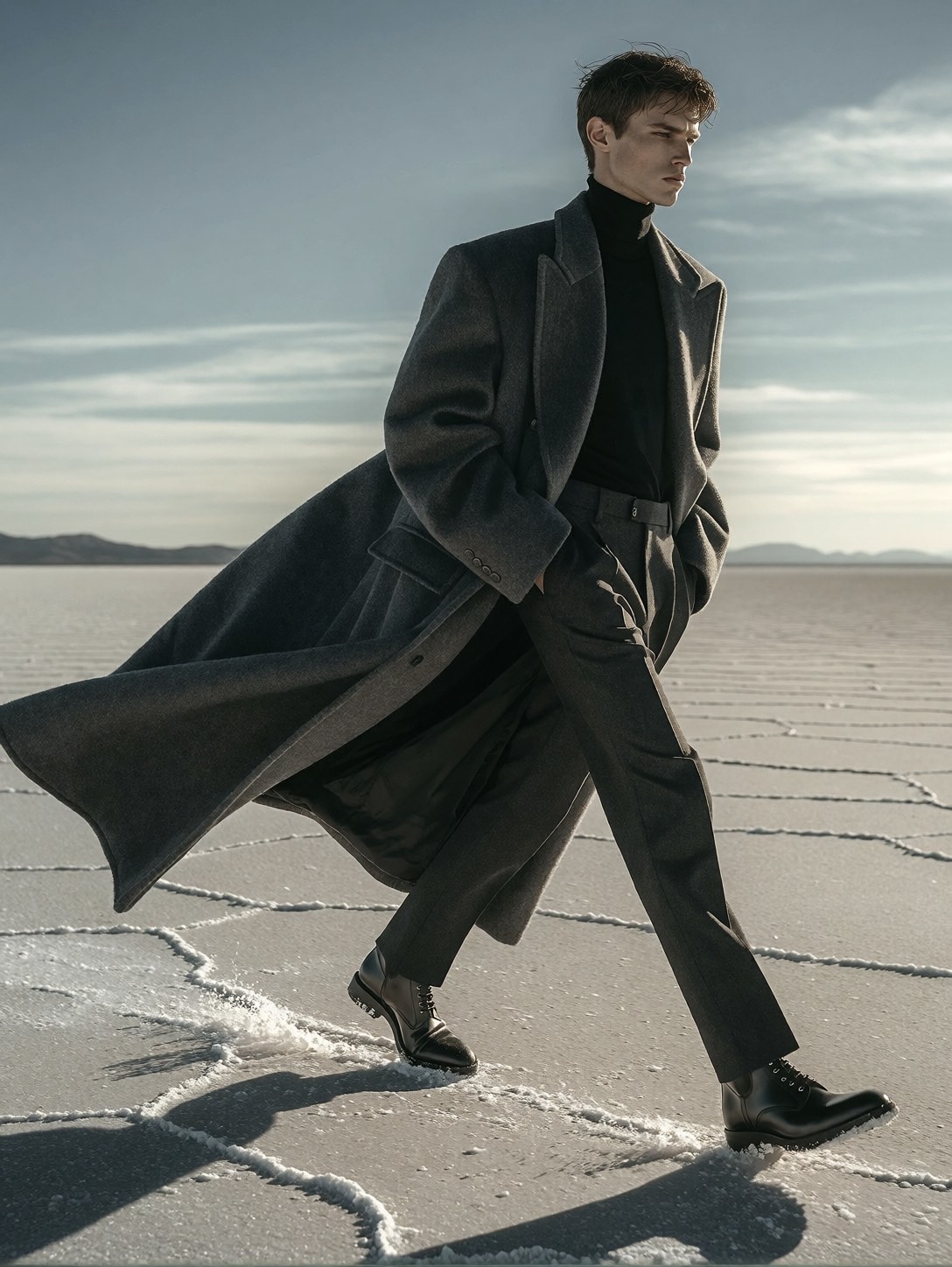 Male Model Striding Salt Flat — AI generated image