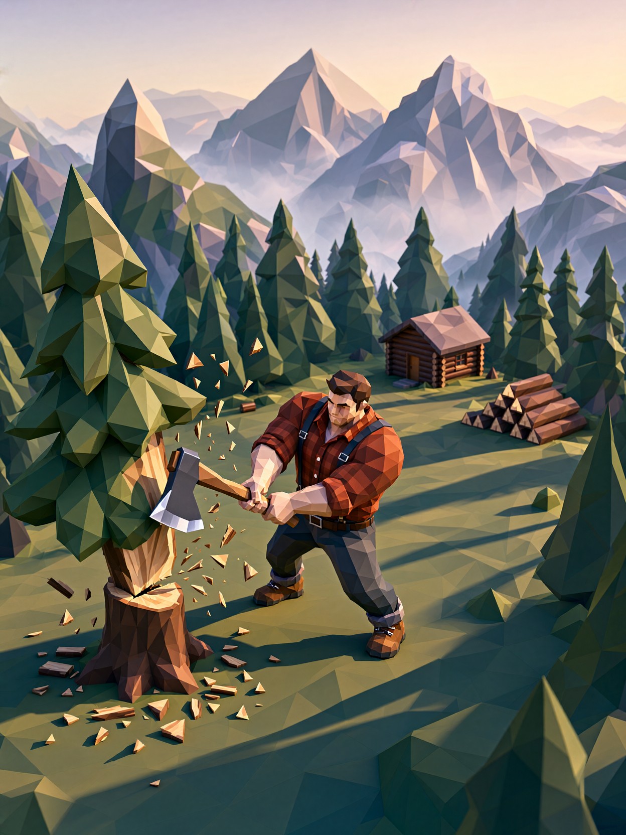 Lumberjack Chopping In Low Poly Forest — AI generated image